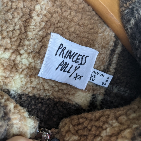 NWOT Princess Polly Doria Jacket Brown Plaid Cropped Oversized Boxy Zip Teddy - Picture 13 of 16